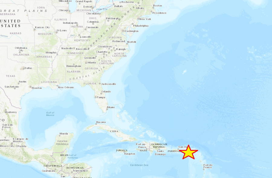 This evening's earthquake struck 81 km ENE of Saint Croix in the U.S. Virgin Islands.  Image: USGS