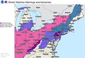 Ice Storm Warnings are up in the purple area while Winter Storm Warnings are up in the pink area. Image: NWS