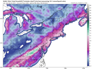 The early evening run of the NAM model shows a swath of accumulating snow from the southern Appalachians north into the Mid Atlantic and Northeast. It is too soon to tell whether or not it will be correct. Image: tropicaltidbits.com