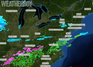 Current RADAR shows most snow has wrapped up in the Mid Atlantic. Image: weatherboy.com