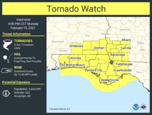 Today's winter storm is also creating a tornado threat, with a Tornado Watch now up in the counties in yellow.  Image: NWS