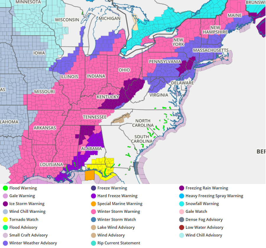 Winter Storm Warnings are up from Texas to Maine while Ice Storm Warnings dot the way. A Tornado Watch is also up for portions of Alabama and Florida.  Image: weatherboy.com