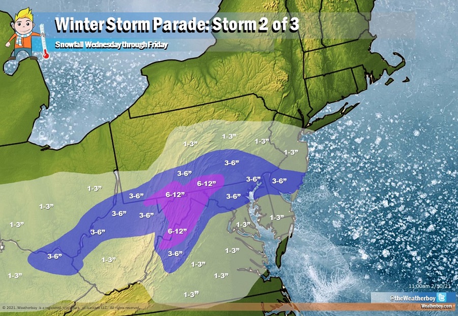 More than 6" of snow is possible over portions of the Mid Atlantic.  Image: Weatherboy