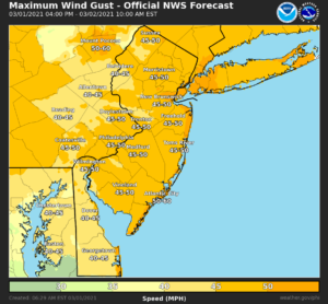 Zoom-in of the area that could see damaging wind gusts tonight and early tomorrow. Image: NWS