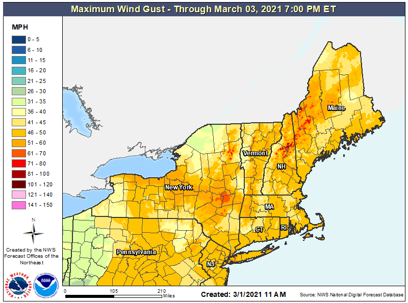 Winds could gust to or even over 50 mph in portions of the northeast tonight and early tomorrow. Image: NWS