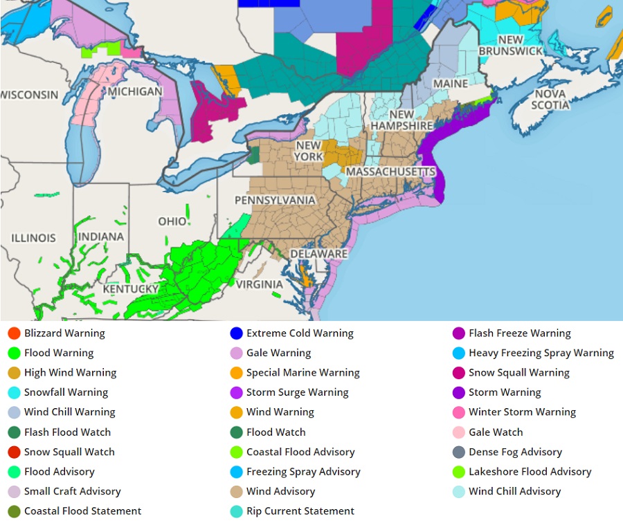High Wind Warnings and Wind Advisories are up for a large part of the northeast. Image: weatherboy.com